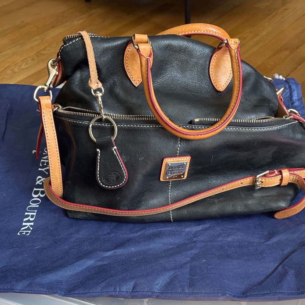 Dooney & Bourke Black and Tan Satchel with Red Accents